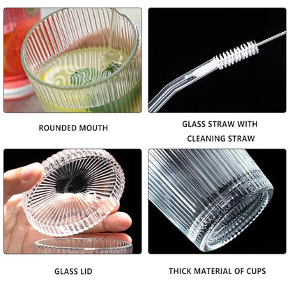 Drinking Glasses Set of 4,Ribbed Cocktail Glasses Set,Origami Style Water Glass Cups with Lids,Straws and 2 Straw Brushes for Iced Coffee, Juice,Smoothie