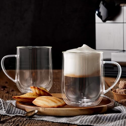 Joeyan Large Clear Double Walled Glass Coffee Mugs 15 oz, Double Layer Tea Latte Cappuccino Cups with Handle, Double Lined Insulated High Borosilicate Glassware for Milk and Hot Beverages, Set of 2 - color: 400ml-Clear with handle