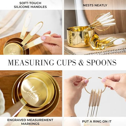 Styled Settings White and Gold Kitchen Utensils Set, 15-Piece | BPA free, Non-Scratch, Silicone Utensils Set Includes Measuring Cups and Spoons, White and Gold Kitchen Accessories - color: 15 Piece White & Gold