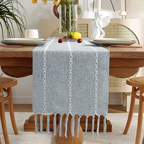 Wracra Rustic Linen Table Runner, Dusty Blue Table Runners 90 inches Long | Raised Embroidered Design and Hand-Tassels;Cotton Linen Woven Fabric; Farmhouse Table Runner;Home Kitchen Dining Decor - color: Dusty Blue, size: 13"×90"