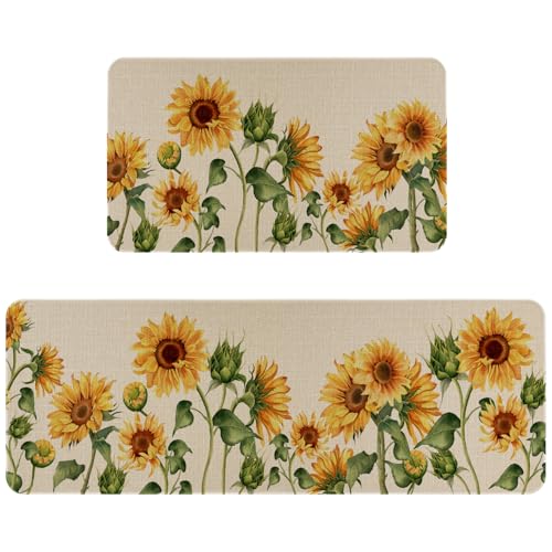Sunflowers Kitchen Rugs Set of 2,Spring Summer Farmhouse Kitchen Mats for Floor,Non-Slip Washable Sink Mats Home Decor Doormat+Runner Rug - color: Retro Sunflowers