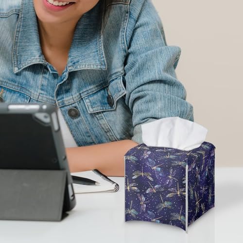 Dragonfly Leather Tissue Box Cover with Bottom Strap Foldable Tissues Cube Easy to Clean Case for Bathroom Living Room Office Desk Tabletop - color: Dragonfly