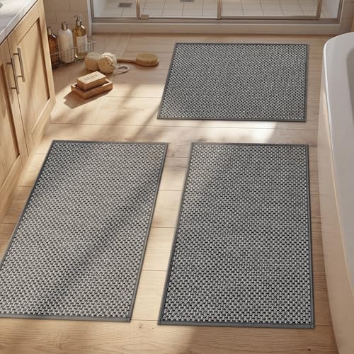 Thin Bath Mat Dark Grey Bathroom Rugs Sets 3 Pieces, Non Slip Absorbent Bath Mats Quick Dry, Woven Braided Rugs Washable, Tapetes para Baño for Bathroom,Bathtub(17"x24"+17"x32"+17"x32") - color: Dark Grey, size: 3Pieces(17"x24"+17"x32"+17"x32")