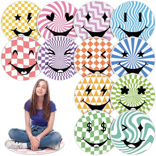 12 Pcs Carpet Circle Seats, 15 Inch Round Classroom Rug, Non Slip Corner Floor Cushion Mat, Circle Time Rug for Living Room, Learning, Playing Areas, Story Time, Group Activity(Happy Face) - style: Happy Face