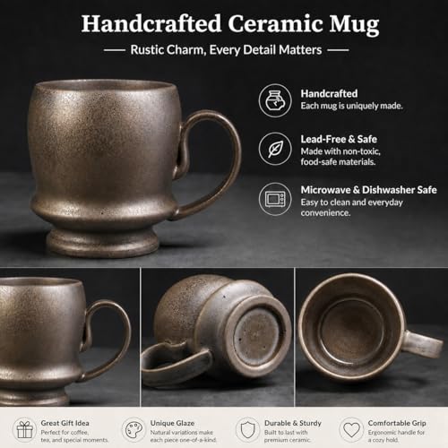 17oz Big Unique Handmade Pottery Coffee Mug with Comfortable Big handle, Reactive Glaze Ceramic Coffee Mug, Artisanal Stoneware Tea Mug,Lead-free Clay, Microwave and Dishwasher safe (Gilt) - color: Gilt