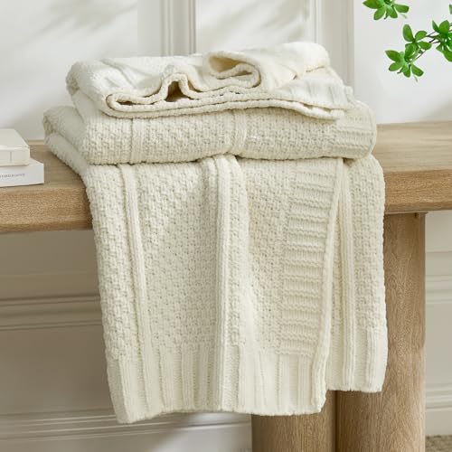 Chenille Throw Blanket for Couch, Soft Cozy Chunky Knit Blanket, Moss Stitch Throw for Sofa, Bed, Living Room, Lightweight Warm Home Decor, Cream White 60"x80" - color: Cream White, size: 60" X 80"