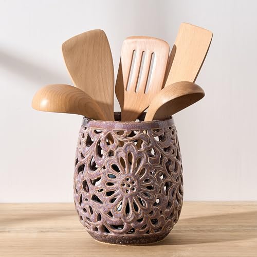 Farmhouse Kitchen Utensil Holder for Kitchen Counter, Ceramic Large Cooking Utensil Crock with Cork Mat, Countertop Cooking Tool Spatula Organizer, Purple Antique Design - color: 16096-Purple