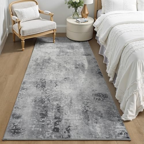Kelarea Washable Runner Rug 2x6, Non-Slip Low Pile Abstract Grey | Water & Stain Resistant, Pet Friendly, Easy Clean, Ultra Soft, for Entrance, Kitchen, Bedroom, Hallways - color: Light Grey, size: 2' x 6' (Rectangular)
