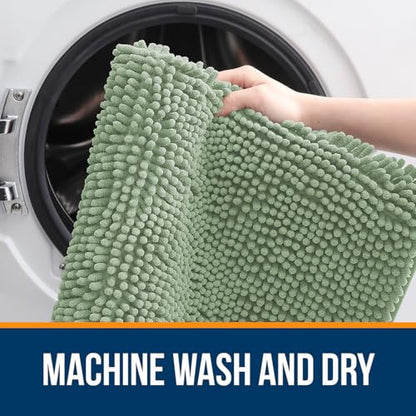 OLANLY Chenille Bath Mat and Bathroom Rugs Sets 2 Piece, Bath Mat Size 36x24 and Bathroom Rugs Sets Size 30x20+24x16 in Sage Green, 3 Item Bundle