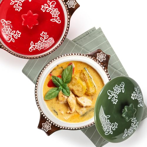 AVLA 4 Pack Ceramic Soup Bowls with Lid and Double Handles, 22 OZ French Onion Soup Crock, Small Casserole Dish for Oven, Mini Cocotte Set Baking Ramekins for Stews, Cereal, Oatmeal or Pasta