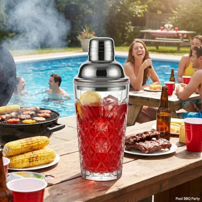 Elegant Glass Cocktail Shaker Set - Herringbone Design, 15oz Capacity, Leakproof Stainless Steel Top - Perfect for Bartending Enthusiasts - color: Herringbone Mixer