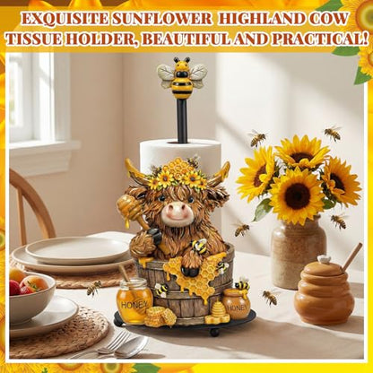 Bee Highland Cow Paper Towel Holder Sunflower Honey Kitchen Bathroom Decor Farmhouse Large Metal Highland Cow Honeycomb Towel Holder Stand with Round Base for Home Countertop Accessories - style: Honey Bee