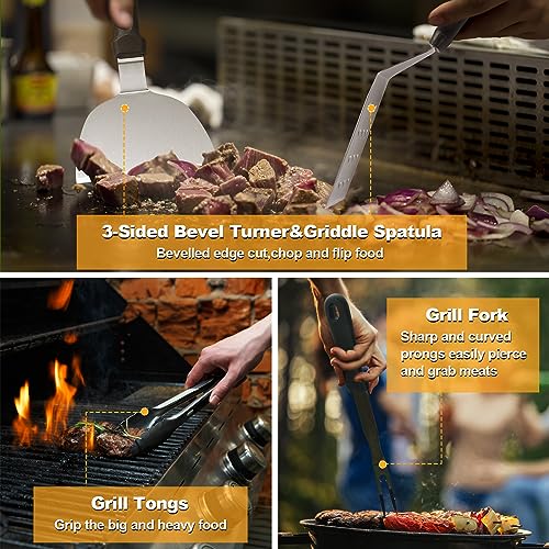 Griddle Accessories Kit, Terlulu 29 PCS Flat Top Grill Accessories for Blackstone and Camp Chef, Metal Spatula Set with Burger Press, Melting Dome, Scraper, Tongs, Carry Bag for Outdoor Grilling BBQ - style: with Round Burger Press