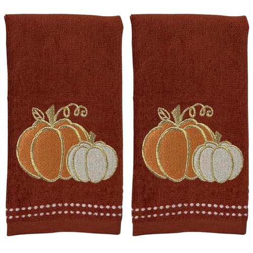 Autumn Fall Fingertip Towels for Bathroom: Rust Dark Embroidered Orange White Pumpkins with Stitched Border Design, 100% Cotton, Set of 2, 12" x 18" Festive Bath & Kitchen Decor - color: Boho Pumpkins Tip