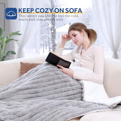 Sealy Electric Blanket Throw 50×60, Faux Fur to Sherpa, Grey | Heated Blanket Throw with 6 Heating Levels, 2-10 Hours Auto Off, Overheat Protection, Machine Washable, ETC Certified - color: Light Grey, size: Throw Size 50" x 60"