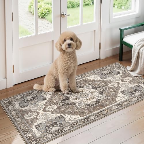 RUUGME Entryway 2x4 Runner Rug: Washable Vintage Rugs Low Pile Lightweight Stain Resistant Carpet for Kitchen Bedroom Non-Slip Soft Thin Floor Mat for Bathroom Laundry Room (Beige,2x4) - color: Beige, size: 2x4
