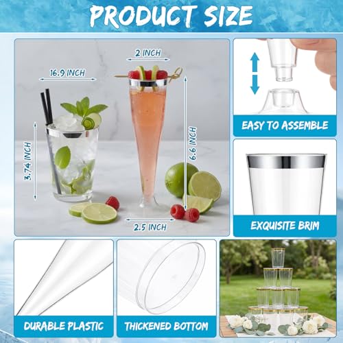 Silver Rim Party Cups Set, 48 Pack Disposable Plastic Drink Cups with Champagne Flutes, 24 Pcs 10oz Tumblers & 24 Pcs 4.5oz Toast Glasses, Cocktail Wedding Reception Party Supplies - color: Silver Rim