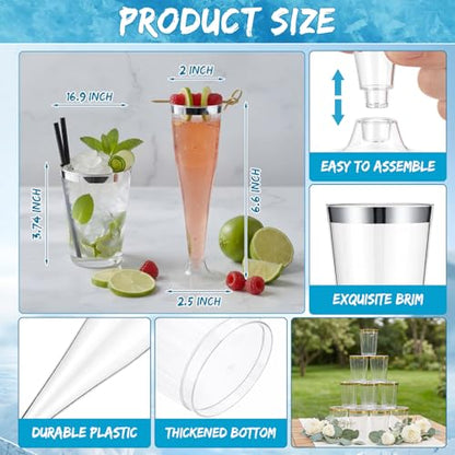 Silver Rim Party Cups Set, 48 Pack Disposable Plastic Drink Cups with Champagne Flutes, 24 Pcs 10oz Tumblers & 24 Pcs 4.5oz Toast Glasses, Cocktail Wedding Reception Party Supplies - color: Silver Rim