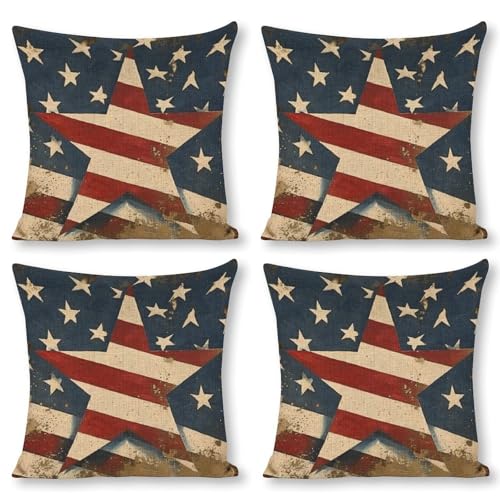 July 4 American Star Throw Pillow Covers Linen Pillow Cases 18x18 Inch Square Cushion Pillowscover Modern Farmhouse Decor Set of 4 for Sofa Bedroom Living Room Car - color: July 4 American Star, size: 18" x 18" (Pack of 4)
