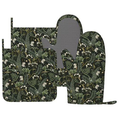 Botanical Oven Mitts and Pot Holders Sets Silicone White Flowers Berries and Leaves Kitchen Oven Mitts Hot Pads Heat Resistant Potholders Kitchen Mitts Set for Baking BBQ Cooking - color: Black White