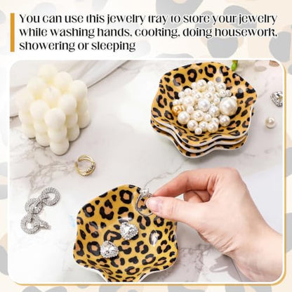4 Pack Small Jewelry Dish Ceramic Trinket Holder Leopard Print Dish Tray for Rings Earrings Necklaces Bracelets 4.3 x 3.9 Inch Key Bowl Women's Birthday Mother's Day Wedding Gift - color: Brown, style: Ceramic