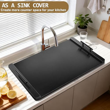 Noodle Board Stove Cover and Over the Stove Spice Rack Combo Set | Expands Countertop Space, Stove Top Cover Used as Serving Tray, Sink Cover, Spice Shelf with 4 Hooks, Farmhouse Decor, Black - color: Set - Black