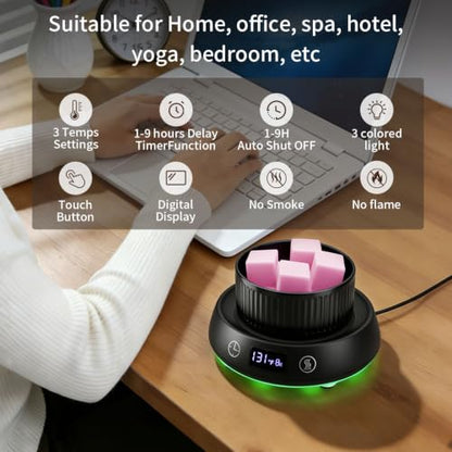 Candle Warmer,Wax Melt Warmer for Desk with Temperature Display | 1-9H Delay Start Timer,Wax Warmer for Scented Wax,Wax Melter,3 Temperature Settings,1-9H Auto Shut Off Timer - color: Black