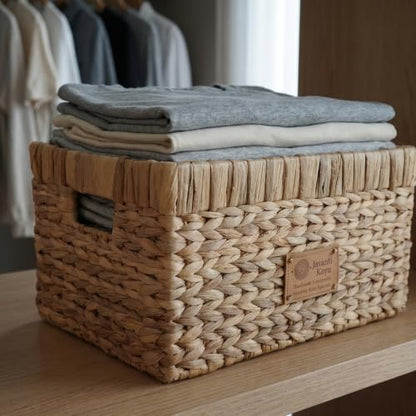 Handmade Water Hyacinth Wicker Storage Basket with Handles – Rectangle Organizer Bin for Shelves, Blanket, Bathroom, Closet – Stackable – Decorative & Durable (1, M: 14" x 10" x 8") - size: M: 14" x 10" x 8"