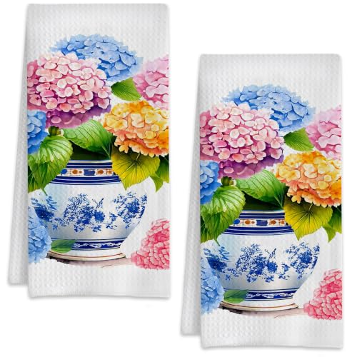 Watercolor Hydrangeas Flowers Chinoiserie Hand Towels for Bathroom Set of 2,Soft Absorbent Waffle Weave Kitchen Towels Dish Towel,Decorative Bathroom Towel for Kitchen Yoga Home Decor 16X24 Inch - color: Watercolor Hydrangeas Flowers Chinoiserie