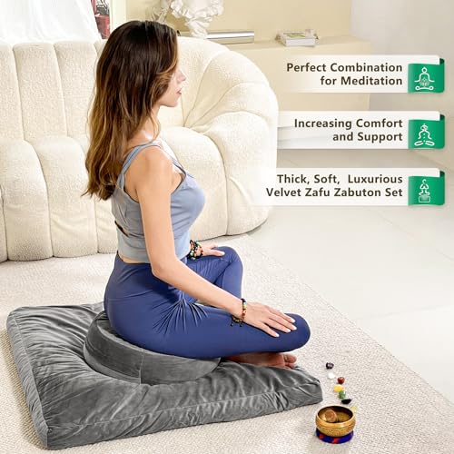 Hihealer Meditation Cushion, Traditional Tibetan Meditation Pillow Velvet Cover - Large Floor Cushion Seating for Adults - Yoga Buckwheat Bolster for Women、Moms - color: Sliver Grey(set)