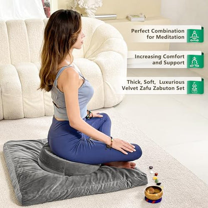Hihealer Meditation Cushion, Traditional Tibetan Meditation Pillow Velvet Cover - Large Floor Cushion Seating for Adults - Yoga Buckwheat Bolster for Women、Moms - color: Sliver Grey(set)