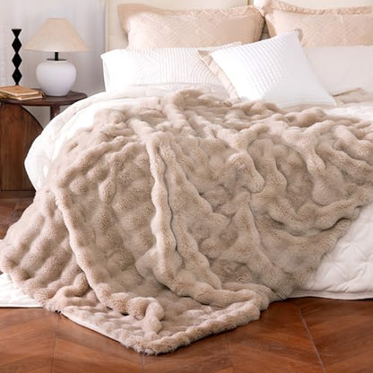 Ultra Soft Cozy Faux Fur Throw Blanket, Fuzzy Plush Thick Bubble Blanket, Oversize Luxury Fluffy Blanket for Couch, Bed, and Living Room, 60x80 Inches, Light Brown - color: Bubble Light Brown, size: Twin