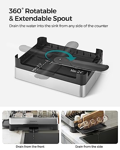SONGMICS Dish Drying Rack, Premium Stainless Steel Dish Rack with Rotatable Spout, Fingerprint-Resistant Dish Drainers for Kitchen Counter, 12.5 x 22.5 in, Silver and Black UKCS030B01 - color: Silver + Black, size: 12.5"D x 22.5"W x 9.7"H