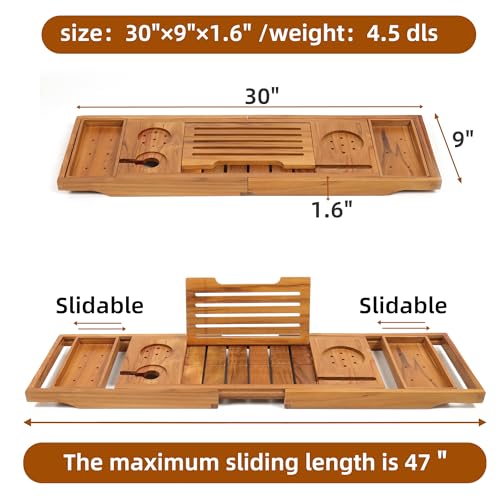 Expandable Teak Bathtub Tray - Luxury Wooden Bath Caddy & Tub Shelf, Over-The-Tub Bath Table with Book & Wine Glass Holder, Waterproof Bathroom Organizer for Spa Experience