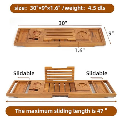 Expandable Teak Bathtub Tray - Luxury Wooden Bath Caddy & Tub Shelf, Over-The-Tub Bath Table with Book & Wine Glass Holder, Waterproof Bathroom Organizer for Spa Experience