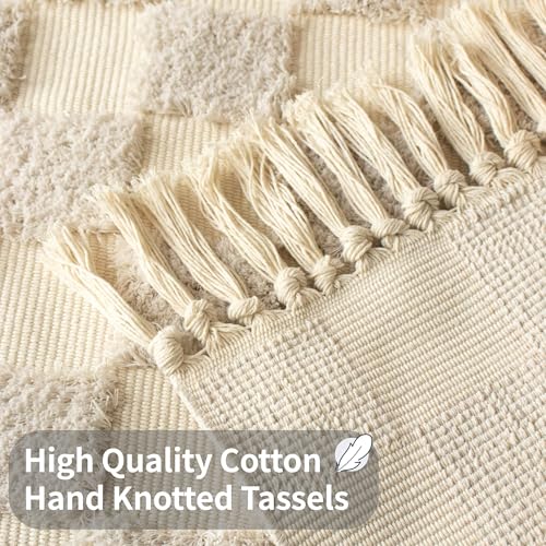 Boho Bathroom Rugs Beige Checkered Runner with Tassels, Boho Bath Mat Kitchen Runner Rug Washable, 2'x4.3' Tufted Rug - color: Checkered Cream, size: Medium(2'x4.3')