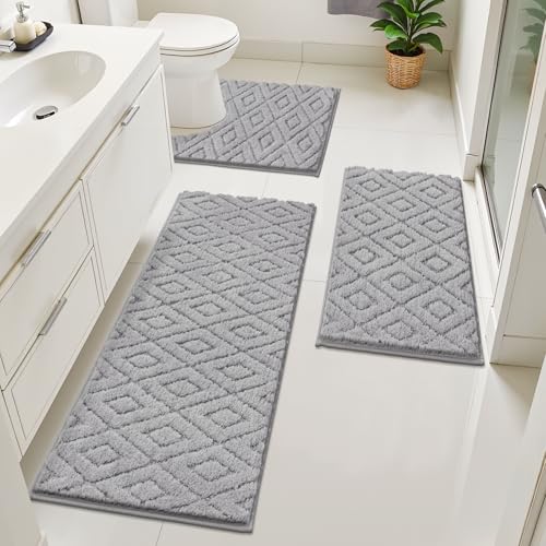 Bsmathom 3 Piece Bathroom Rug Sets, Non Slip Microfiber Bath Mat Light Gray | Plush Water Absorbent Bath Rug Sets with U-Shaped Contour Toilet Mat, Machine Washable Carpet for Bathroom Sink, Shower - color: Light Gray