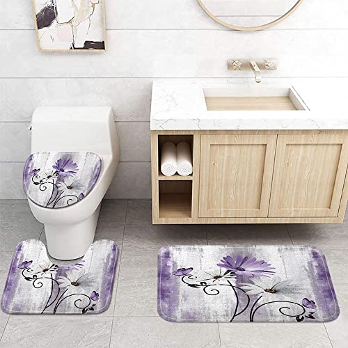 Rustic Farmhouse Bath Mat Set, Farm Purple Daisy Floral Flowers and Butterfly on Country Wooden Bathroom Mat Set with Non-Slip Bath Rug, Soft Toilet Lid Cover and Contour Mat, Grey(Purple) - color: Purple