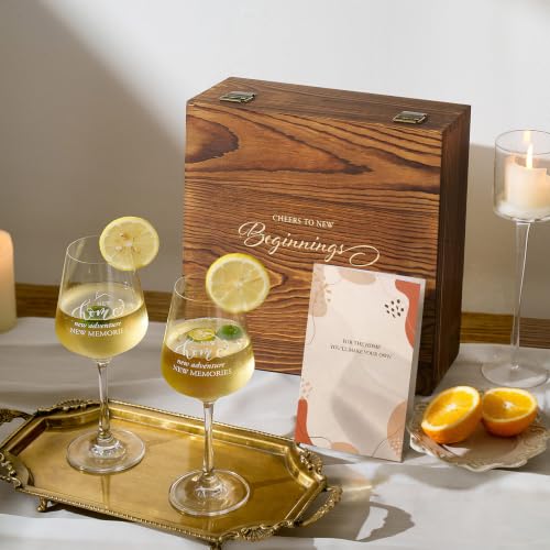 AW BRIDAL House Warming Gifts New Home Wine Glasses with Wood Keepsake Box | 2026 Closing Gift for Home Buyers and Homeowner, New Apartment Gift Basket for Couple, First House Present for Newlyweds - style: Housewarming