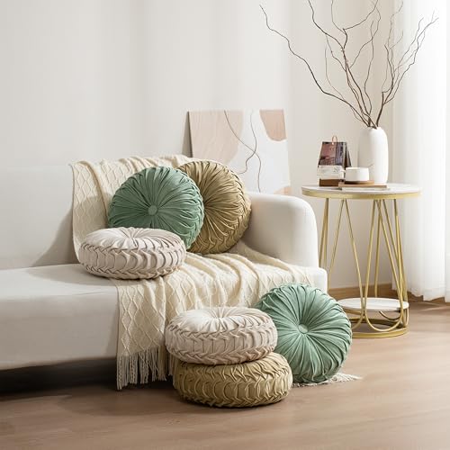 HIG Set of 2 Apricot Velvet Decorative Round Pleated Throw Pillows - color: Apricot