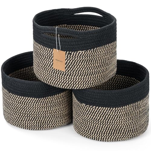 3 Pack Small Rope Storage Baskets, 9.82×9.82×7.1", Brown+Black | Cotton Basket for Gifts Empty, Cute Round Woven Basket, Decorative Shelf Basket Organizer, Organizing Basket for Shelves - color: Eight Black-3PCS