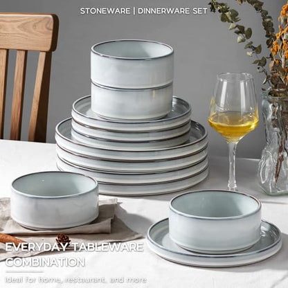 Onader Stoneware Dinnerware Sets, 12 Piece Plates and Bowls Dish Sets for 4, Ceramic Dishware Dining Ware with Rustic Terracotta Bottom - Glacier White - color: Glacier White