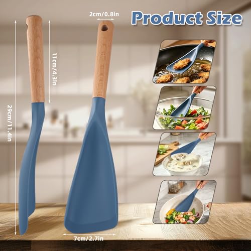 Cooking Spoon for Nonstick Cookwares, Multifunction Spatula Spoon, Great for Both Cooking and Serving, Wood Handle Spoon for Stirring, Mixing, Serving (2, BLUE) - color: Blue