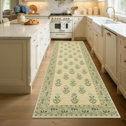 Large Kitchen Rug, Beige, 24" x 70" | Non Slip, Washable, Retro Vintage Floral, For Sink Kitchen Laundry Hallway - color: Beige, size: 24" x 70"