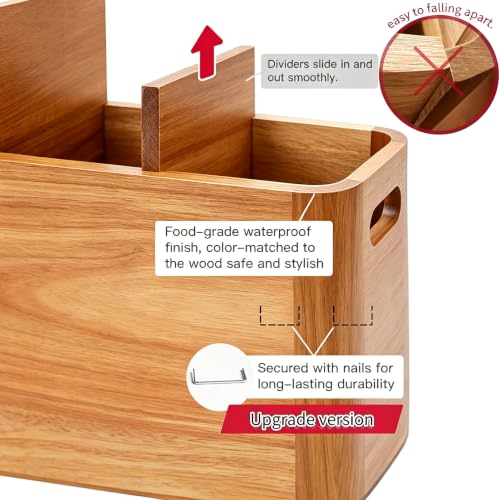 Kitchen Utensil Holder for Counter or Countertop, Extra Large Acacia Wood Organizer with 4 Compartments, Wooden Utensil Holder for Cooking and Silverware, Rustic Wood Container Sturdy Utensil Crock