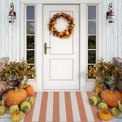 Fall Front Door Mat 24"x36" Cotton Woven Washable Striped Porch Rug Indoor Halloween Doormat Small Outdoor Rugs Farmhouse Entry Rug Kitchen Throw Rugs for Layered Door Mats (Orange/White/Tan) - color: Orange/Tan/White, size: 2' x 3' (Rectangular)