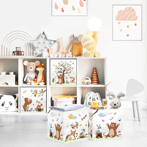 Clastyle 11.8" Animal Storage Basket Set of 3 for Kid Toy Clothes Bin | Collapsible Fabric Book Bin, Metal Frame Bottom Board, Cube Organizer, Closet Nursery Pantry Shelf Bedroom, Woodland Bear - color: Bear Giraffe