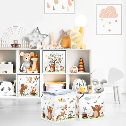 Clastyle 11.8" Animal Storage Basket Set of 3 for Kid Toy Clothes Bin | Collapsible Fabric Book Bin, Metal Frame Bottom Board, Cube Organizer, Closet Nursery Pantry Shelf Bedroom, Woodland Bear - color: Bear Giraffe