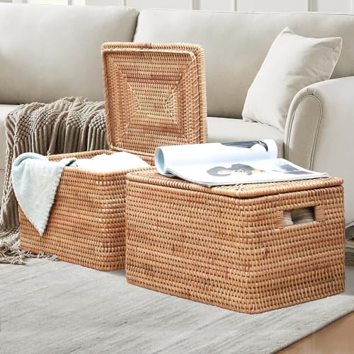 Rattan Basket with Lid, 15.75"×14.17"×11.81", Handwoven Storage | Handwoven from natural rattan | Durable & sturdy lid | Stackable design | Ages beautifully over time - size: 15.75"×14.17"×11.81"