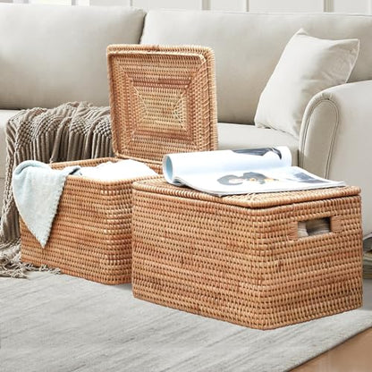 Rattan Basket with Lid, 15.75"×14.17"×11.81", Handwoven Storage | Handwoven from natural rattan | Durable & sturdy lid | Stackable design | Ages beautifully over time - size: 15.75"×14.17"×11.81"
